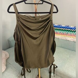 New York & Company Olive Green Silk Off Shoulder Size Small Top